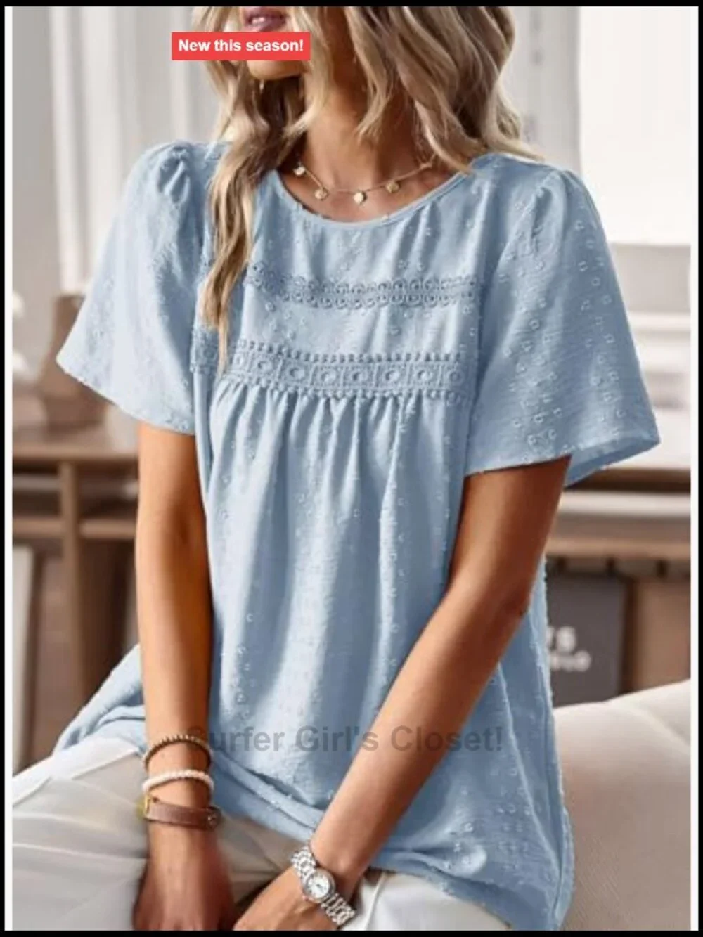 Crewneck Short Sleeve Chiffon Blouse Flowy Lace Hem Boho Tunic Top - Picture 2 of 7